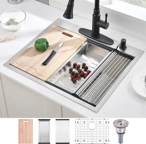 Vista 11 de Fregadero de cocina/bar negro empotrable de 20 x 17 pulgadas, estación de trabajo de acero inoxidable calibre 16, fregadero pequeño para cocina