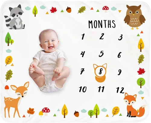 Vista 8 de Manta mensual de hito para bebé, diseño de animales de la selva, manta neutral para el mes del recién nacido, regalo personalizado para ducha