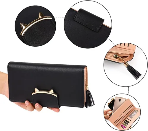 Vista 3 de HeySun Adorable monedero con orejas de gato para mujer, cartera larga, con clip para dinero, Negro -, Casual