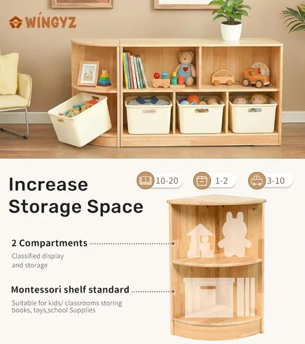 Vista 3 de WINGYZ Rubber Wood Corner Cabinet, 2-Tier Montessori Shelf, 2 Shelf Bookcase Toy Storage Organizer, Montessori Bookshelf for Kids Rooms, Classroom