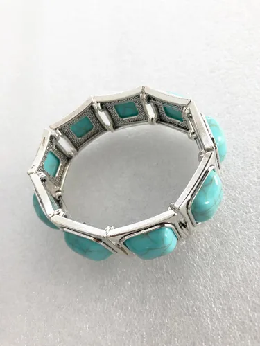 Vista 2 de Pulsera elástica con diseño navajo suroeste occidental vintage de mediados de siglo, resina y turquesa, Metal Gema, No es una piedra preciosa