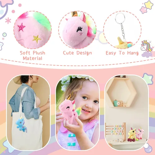 Vista 3 de Huquary 18 llaveros de peluche de unicornio a granel, muñecas de felpa estéticas para mochilas, regalo del día de San Valentín, fiesta de cumpleaños