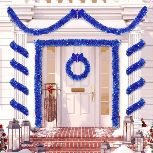 Vista 5 de Guirnalda de oropel azul metálica de 33 pies para árbol de Navidad, guirnalda brillante con torsión para decoraciones de árbol de Navidad, guirnalda