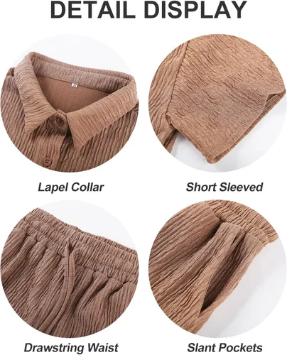 Vista 2 de Flygo Conjunto casual de 2 piezas para mujer, camiseta plisada de manga corta y camisa con botones, Y2K