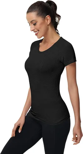 Vista 5 de Locoowai 3 piezas de camisetas de entrenamiento para mujer, camisetas de entrenamiento de manga corta sin costuras, camisetas de entrenamiento