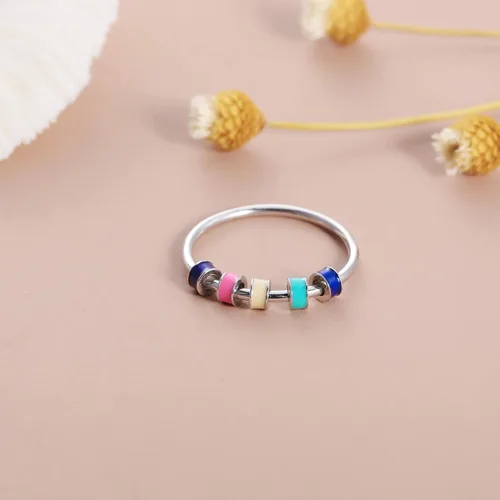Vista 6 de LOVECOM Anillo giratorio de plata de ley 925 con cuentas esmaltadas coloridas para mujer, anillo giratorio antiansiedad, giratorio, apilable