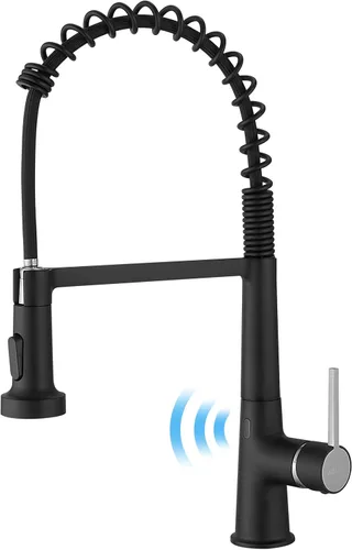 Vista 11 de AIMADI Grifo de cocina negro mate, grifo de cocina negro y dorado con rociador desplegable, grifos de fregadero comerciales de resorte con una sola