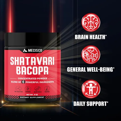 Vista 3 de Mecisco Polvo Shatavari orgánico 6 en 1, mezclado con raíz de Shatavari, Bacopa Monnieri, raíz de Ashwagandha, bayas de Vitex, fenogreco y pimienta