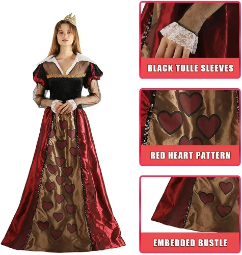 Vista 4 de EraSpooky Disfraz de reina para mujer con corazones rojos reales vestido medieval de Halloween