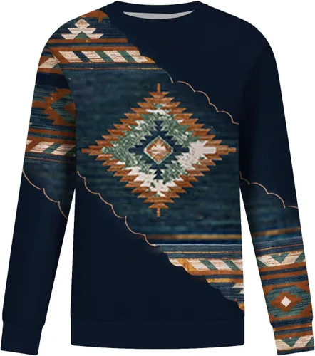 Vista 4 de Sudadera de manga larga con cuello redondo para mujer, casual, holgada, con estampado azteca occidental, camiseta tipo túnica de moda de otoño