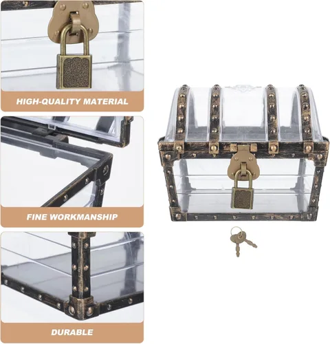 Vista 3 de Angoily Caja del tesoro pirata con candado, caja de joyería pirata retro, caja de almacenamiento de piedras preciosas transparentes, organizador