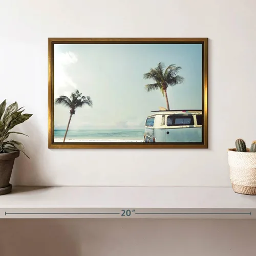 Vista 2 de ElephantStock - Retro Surf Van Wall Art - Horizontal Floating Framed Canvas - Living Room Wall Decor - Photography Beach Framed Canvas Art - Blue