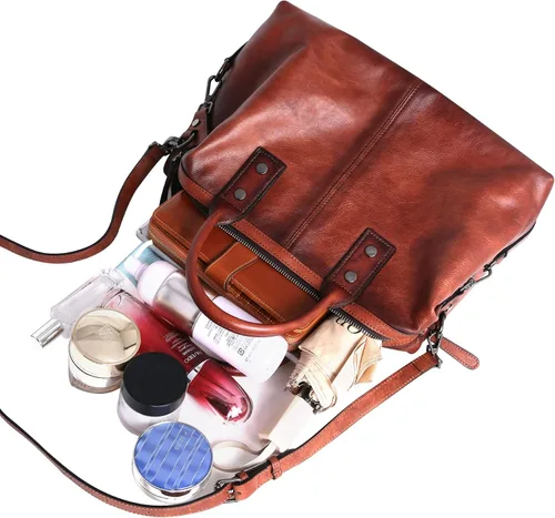 Vista 7 de Iswee - Bolso de hombro de cuero genuino, bolso tote con diseño de morral, con asa superior, bolso de gran capacidad, bolso cruzado
