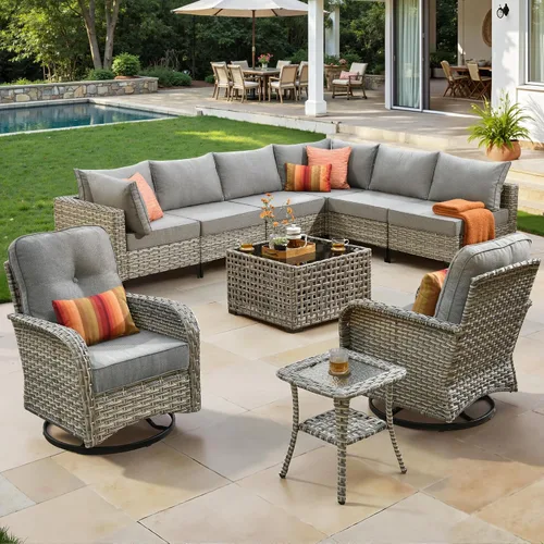 Vista 42 de ovios Muebles de patio de 8 piezas con hoguera, juego de conversación de mimbre de ratán para exteriores con mesa de centro brillante, cómodo sofá