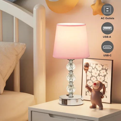 Vista 6 de Juego de 2 lámparas de mesa de cristal para dormitorio/sala de estar, 14.6 pulgadas (rosa)