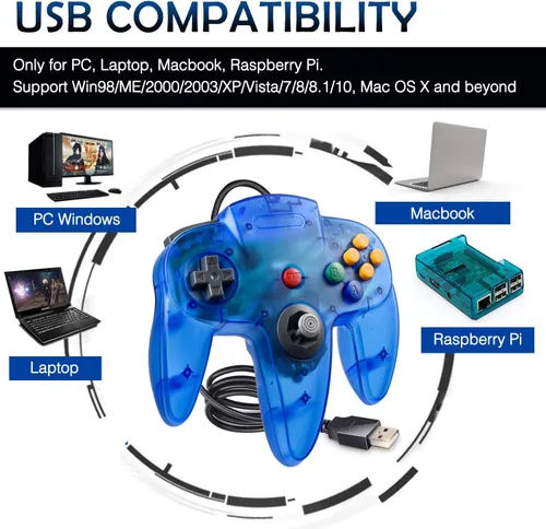 Vista 3 de 2 Pack N64 USB Controller, miadore USB Retro N64 Gamepad Joystick Raspberry Pi Controller for Windows PC MAC Linux (Clear Blue)