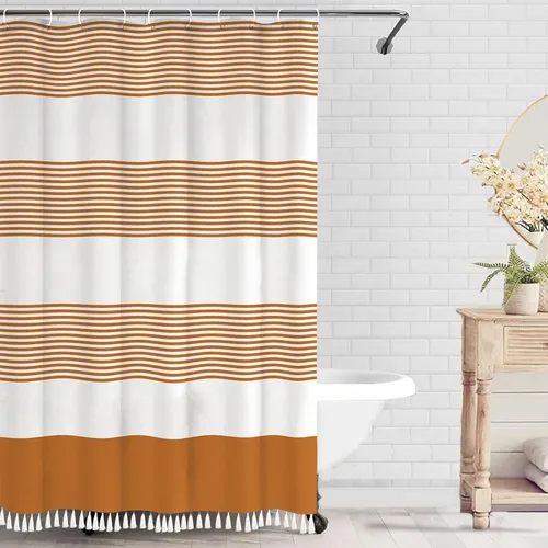 Vista 14 de bufftieo Cortina de ducha en blanco y negro para baño con diseño bohemia a rayas, cortina de ducha de tela moderna con borlas estilo granjero - 54