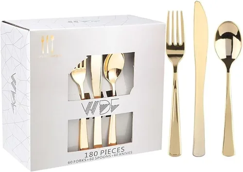 Vista 14 de WDF 180 cubiertos de plástico plateado – cubiertos de plástico plateado – cubiertos de plástico elegante resistente – 60 tenedores, 60 cuchillos, 60