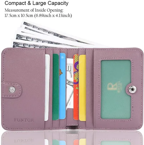Vista 2 de Funtor Cartera de cuero para mujer, pequeña y compacta, con bolsillo doble, bloqueo RFID, para mujer