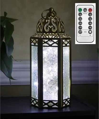 Vista 23 de VELA LANTERNS Juego de 2 portavelas decorativos de LED con luces de hadas de 12" de metal marroquí para colgar o mesa, decoración del hogar
