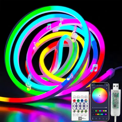 Vista 12 de Tira de luz LED de neón inteligente IC de 6.56 pies, tira de luz LED con aplicación/control remoto, cambio de color, sincronización de música, tira