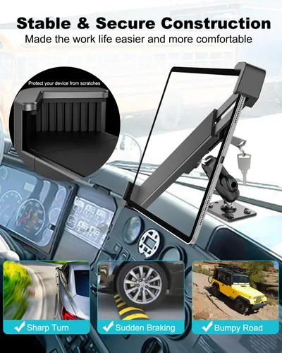 Vista 2 de Soporte de seguridad para tableta de automóvil, soporte industrial resistente para tableta con cerradura y llave, soporte antirrobo giratorio