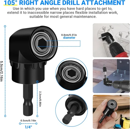 Vista 5 de Juego de extensión de broca flexible, 19 piezas, vástago hexagonal de 105 °, accesorio de taladro de ángulo recto de 3 piezas, extensión de soporte