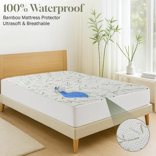 Vista 6 de Hannah Linen Protector de colchón de bambú, 100% impermeable, funda de colchón individual – Funda de colchón de bolsillo profundo ajustable de hasta