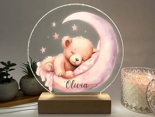 Vista 7 de Osito de peluche rosa luna y estrellas luz nocturna para habitación de niños, luz de guardería, luz personalizada para niñas, regalo para niños