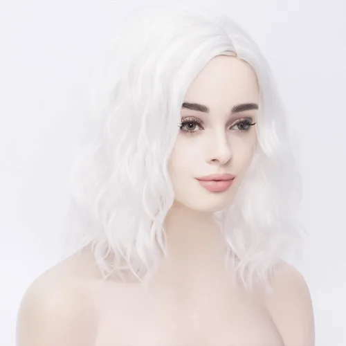 Vista 2 de BERON Peluca ondulada corta de 14 pulgadas para mujeres y niñas, pelucas onduladas para fiestas, uso diario, Cosplay y Halloween (color blanco)
