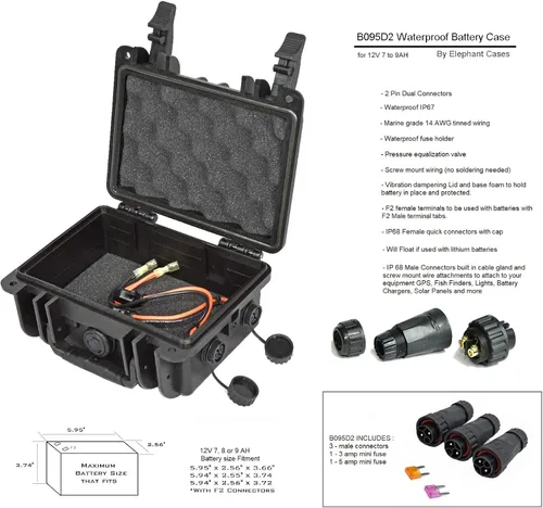 Vista 2 de Elephant B095 - Caja de batería para kayak, impermeable, para alimentar GPS, buscadores de peces, luces LED, bomba aireadora