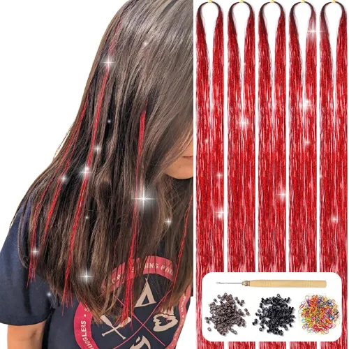 Vista 9 de Kit de oropel para el cabello con herramientas de 48 pulgadas, 1200 hebras de cabello de oropel dorado, resistentes al calor, extensiones de cabello