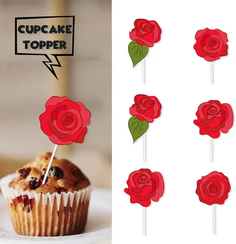 Vista 4 de 18 piezas de decoración de postre de rosas rojas para decoración de postre para el día de San Valentín, boda, aniversario, despedida de soltera