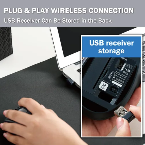 Vista 9 de [Usado] ELECOM - Ratón ergonómico inalámbrico para mano izquierda, 2.4 GHz con mini receptor USB, clic silencioso, 2000 DPI, 5 botones, sensor Negro