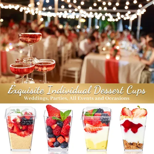 Vista 4 de TOFLEN Paquete de 100 Tazas de Postre de Plástico de 5 oz con Tapas para Fiestas, Mini Tazas de Postre con Cucharas Tazas Shooter de Postre