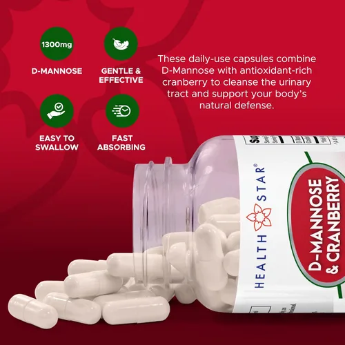 Vista 3 de D-manosa y arándano 1300 mg de Health Star Suplemento de salud del tracto urinario vegano y sin OMG Defensa UTI y apoyo de la vejiga