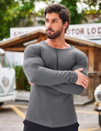 Vista 2 de COOFANDY Paquete de 2 camisetas musculares para hombre, elásticas, de manga larga, para gimnasio, entrenamiento, fisicoculturismo, camisetas