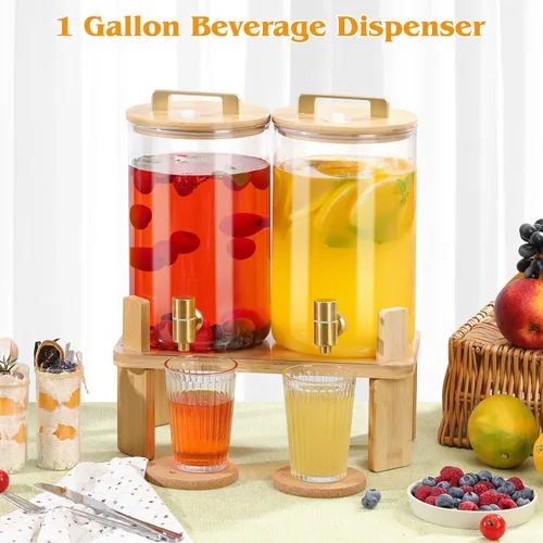 Vista 5 de Dispensador de bebidas de vidrio de 1 galón, 2 unidades, dispensadores de bebidas para fiestas, dispensador de limonada con válvula hermética