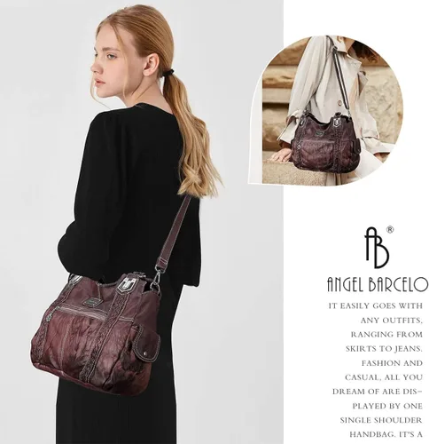 Vista 6 de Angel Barcelo - Bolsa de hombro amplia para mujer, diseño Hobo, cuero lavado