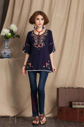 Vista 2 de Blusa mexicana estilo bohemio bordada para mujer