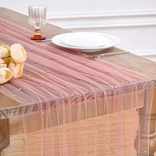 Vista 46 de LuoluoHouse Camino de Mesa de Perla para Centros de Mesa de Boda: Camino de Mesa de Perla de 10 pies, Decoración de Mesa de 29x120 Pulgadas de Tul
