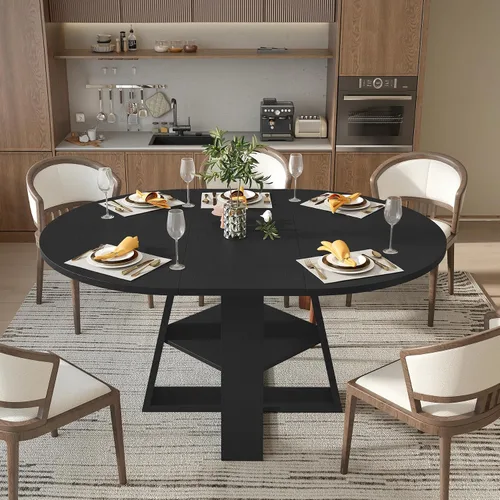 Vista 6 de Aivermel Mesa de comedor ovalada extensible de 43.3 a 59 pulgadas para 4-6, mesa de comedor redonda de madera de ingeniería con almacenamiento