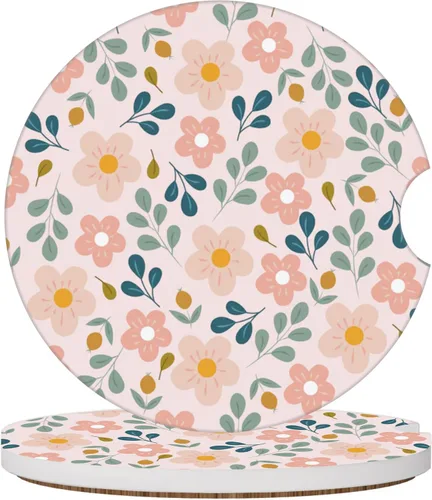 Vista 10 de Posavasos de automóvil con diseño de arcoíris y flores beige para portavasos de automóvil, paquete de 2 posavasos para mujeres y hombres, 2.56