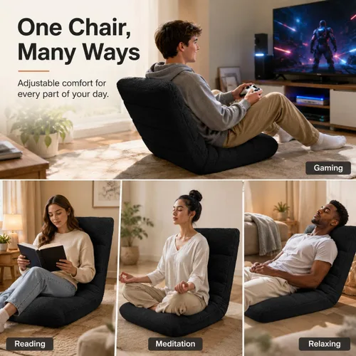 Vista 6 de Silla de suelo ajustable con espuma viscoelástica, silla plegable para juegos con soporte para la espalda, cama reclinable acolchada, tumbona