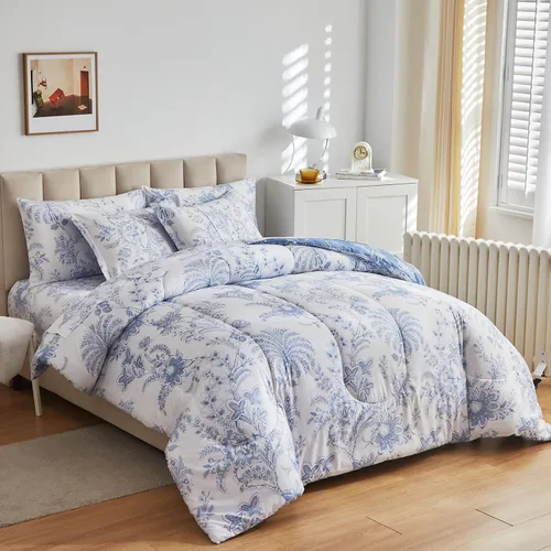 Vista 7 de Flysheep Juego de edredón reversible floral tamaño individual, juego de ropa de cama con estampado botánico blanco y azul, microfibra ultra suave
