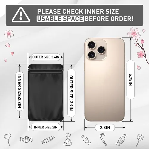 Vista 3 de FUNFERY 100 paquete de bolsas de embalaje de Mylar negras, bolsas resellables de doble cara, bolsas de cierre hermético a prueba de olores, bolsas