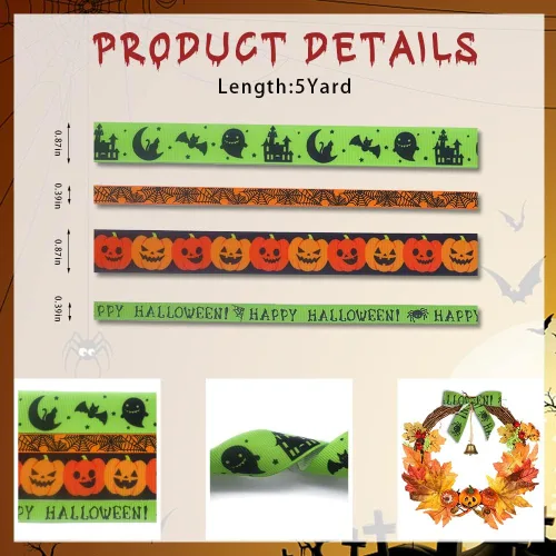 Vista 2 de 4 cintas de Halloween de 20 yardas, cintas de grogrén de Halloween, cintas de calabaza de Thansgiving, cintas de telaraña, naranja, verde, negro