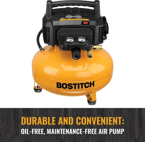 Vista 10 de BOSTITCH - Kit de compresor de aire, sin aceite, 6 galones, 150 PSI, compresor de aire silencioso y ligero para panqueques (BTFP02012-WPK)