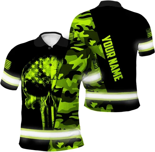 Vista 11 de Maddly Polo de alta visibilidad con diseño de calavera y bandera de Estados Unidos, ropa de trabajo patriótica con nombre personalizado