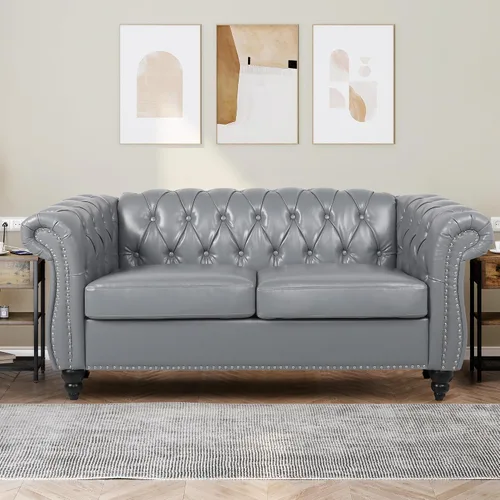 Vista 10 de AVZEAR Sofá Chesterfield de 84 pulgadas, 3 plazas, sofá clásico de cuero PU con brazos enrollados y respaldo con botones capitoné, sofá tipo canapé